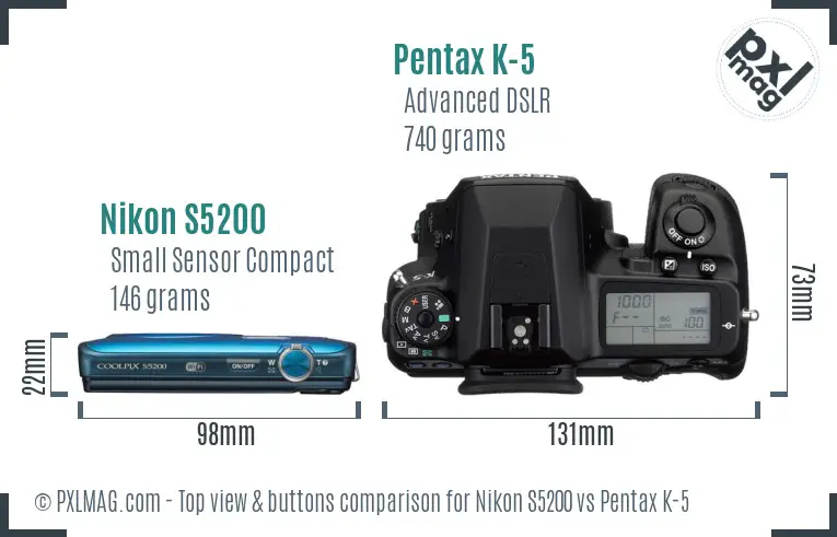 Nikon S5200 vs Pentax K-5 top view buttons comparison