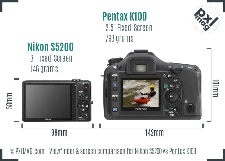Nikon S5200 vs Pentax K10D Screen and Viewfinder comparison