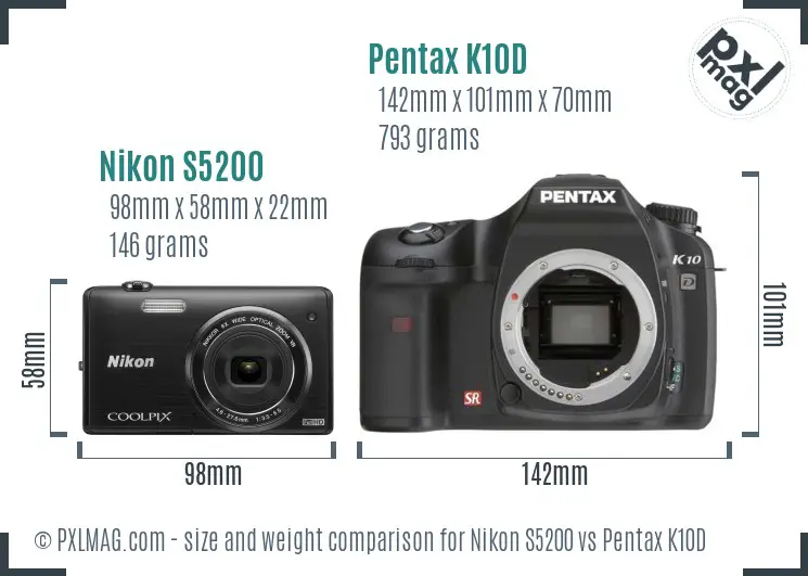 Nikon S5200 vs Pentax K10D size comparison