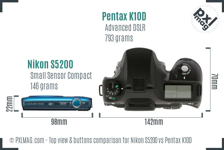 Nikon S5200 vs Pentax K10D top view buttons comparison