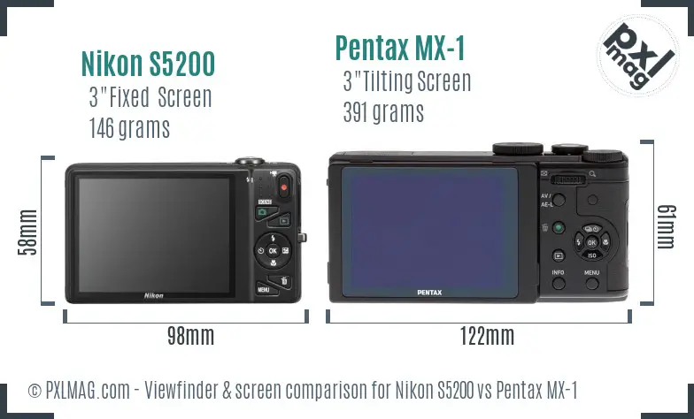 Nikon S5200 vs Pentax MX-1 Screen and Viewfinder comparison
