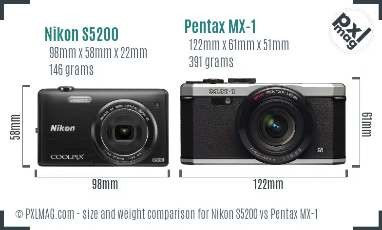 Nikon S5200 vs Pentax MX-1 size comparison
