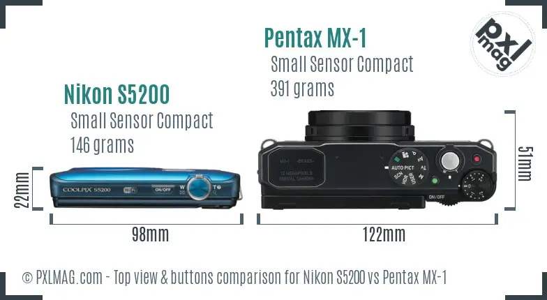 Nikon S5200 vs Pentax MX-1 top view buttons comparison