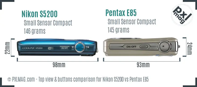 Nikon S5200 vs Pentax E85 top view buttons comparison Nikon S5200 vs Pentax E85 top view buttons comparison