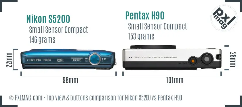 Nikon S5200 vs Pentax H90 top view buttons comparison Nikon S5200 vs Pentax H90 top view buttons comparison
