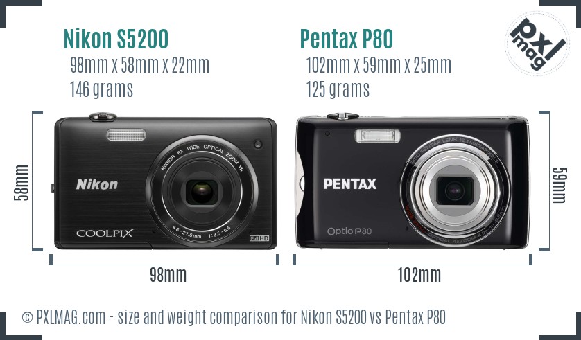 Nikon S5200 vs Pentax P80 size comparison