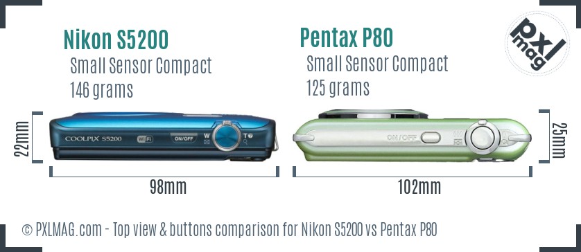 Nikon S5200 vs Pentax P80 top view buttons comparison