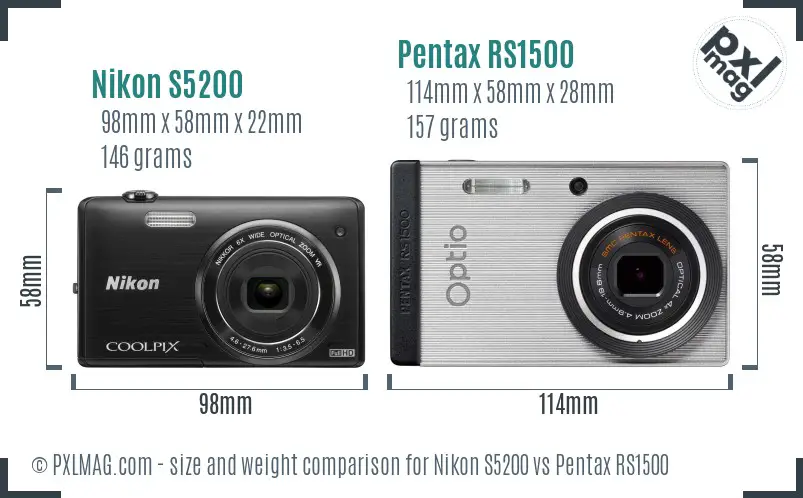 Nikon S5200 vs Pentax RS1500 size comparison