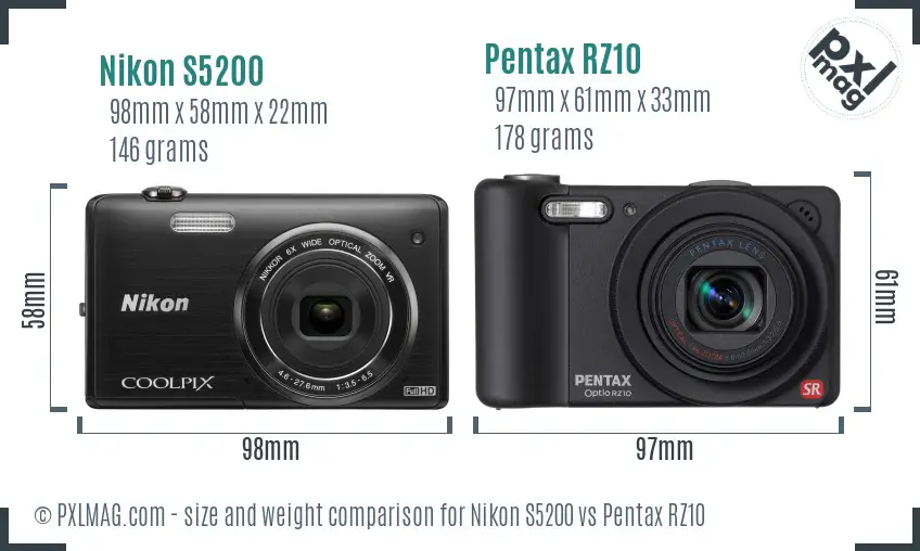 Nikon S5200 vs Pentax RZ10 size comparison Nikon S5200 vs Pentax RZ10 size comparison