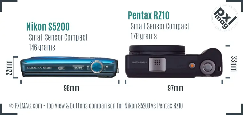 Nikon S5200 vs Pentax RZ10 top view buttons comparison Nikon S5200 vs Pentax RZ10 top view buttons comparison
