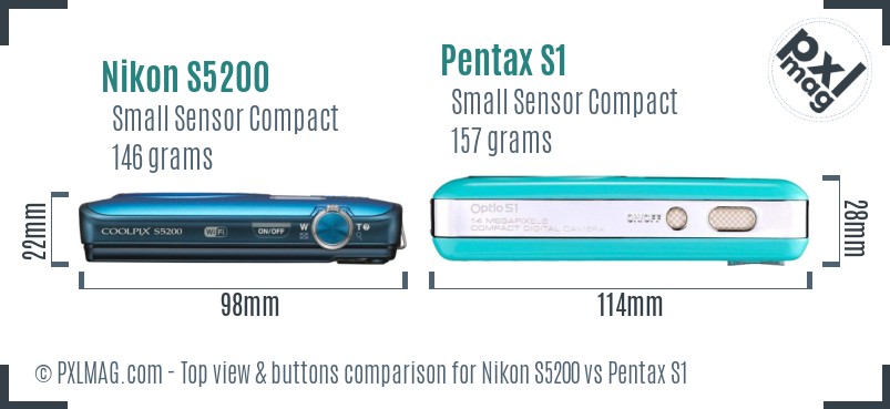 Nikon S5200 vs Pentax S1 top view buttons comparison
