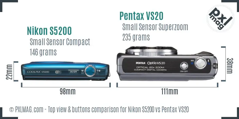 Nikon S5200 vs Pentax VS20 top view buttons comparison