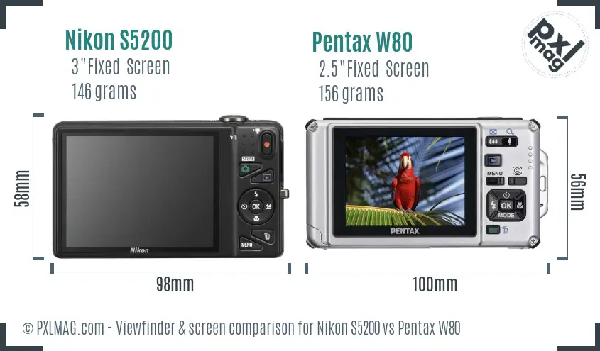 Nikon S5200 vs Pentax W80 Screen and Viewfinder comparison