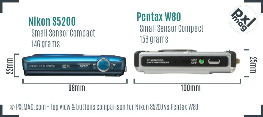 Nikon S5200 vs Pentax W80 top view buttons comparison