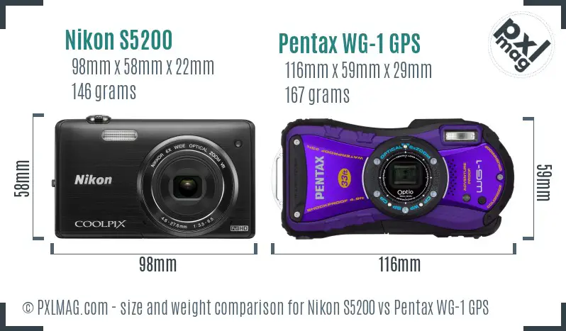 Nikon S5200 vs Pentax WG-1 GPS size comparison Nikon S5200 vs Pentax WG-1 GPS size comparison