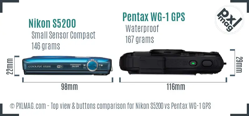 Nikon S5200 vs Pentax WG-1 GPS top view buttons comparison Nikon S5200 vs Pentax WG-1 GPS top view buttons comparison