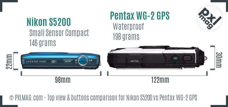 Nikon S5200 vs Pentax WG-2 GPS top view buttons comparison