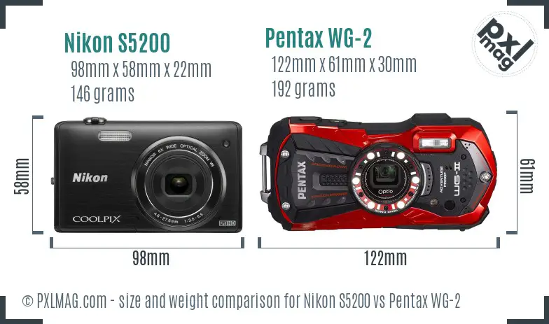 Nikon S5200 vs Pentax WG-2 size comparison