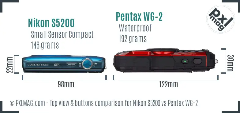 Nikon S5200 vs Pentax WG-2 top view buttons comparison