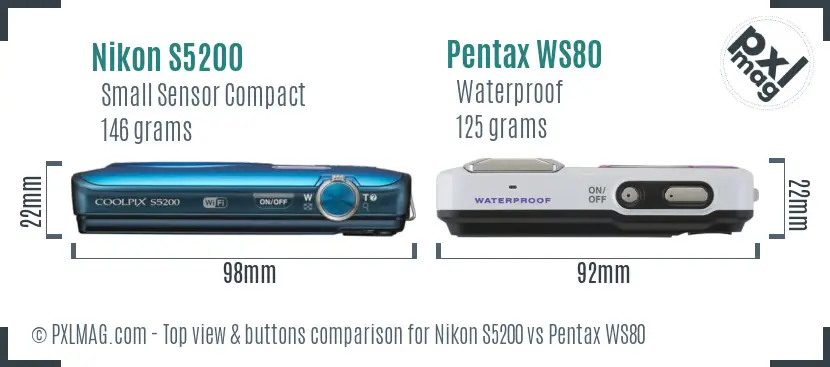 Nikon S5200 vs Pentax WS80 top view buttons comparison Nikon S5200 vs Pentax WS80 top view buttons comparison