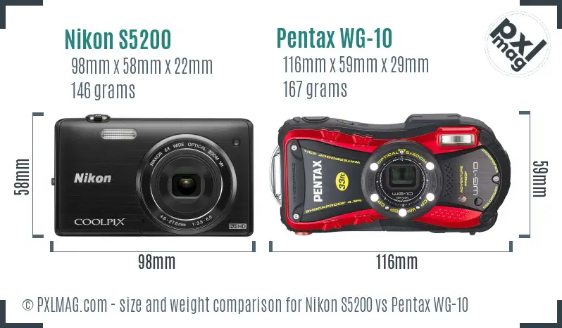 Nikon S5200 vs Pentax WG-10 size comparison