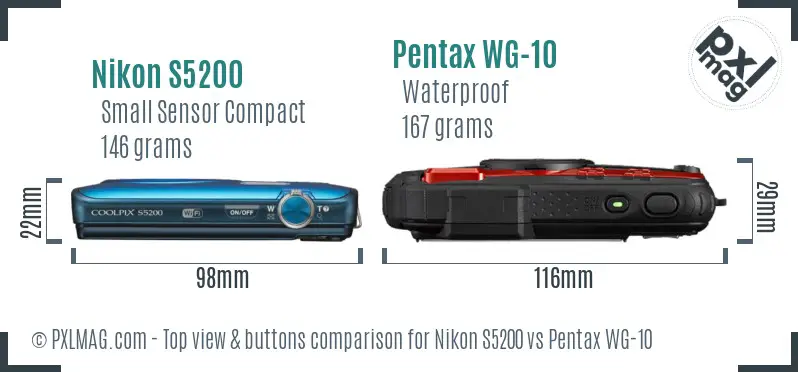 Nikon S5200 vs Pentax WG-10 top view buttons comparison