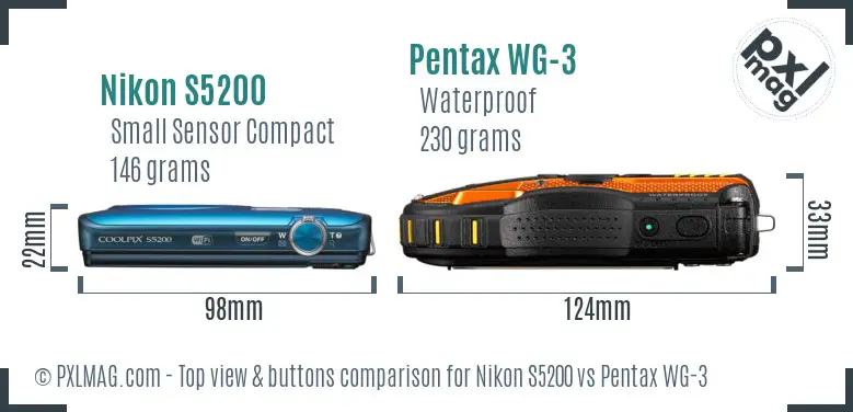 Nikon S5200 vs Pentax WG-3 top view buttons comparison Nikon S5200 vs Pentax WG-3 top view buttons comparison