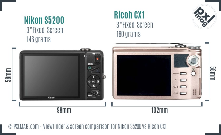 Nikon S5200 vs Ricoh CX1 Screen and Viewfinder comparison