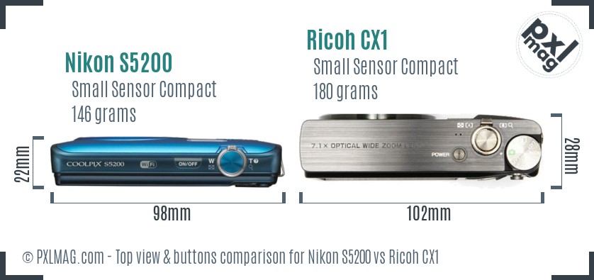 Nikon S5200 vs Ricoh CX1 top view buttons comparison