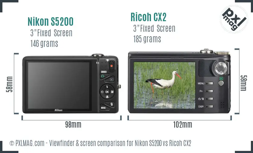 Nikon S5200 vs Ricoh CX2 Screen and Viewfinder comparison