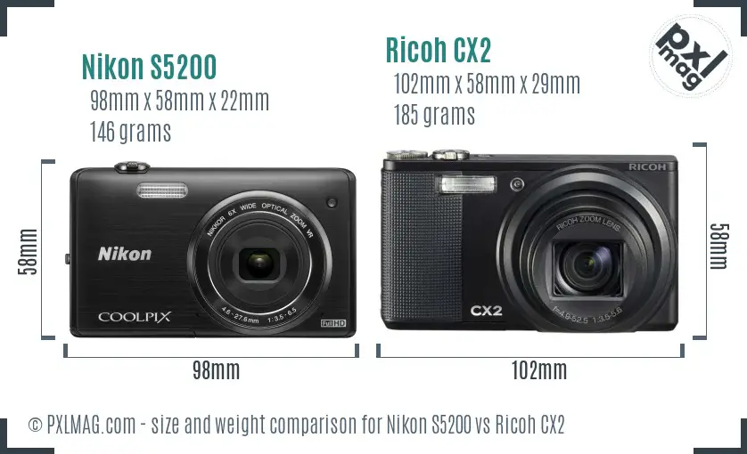Nikon S5200 vs Ricoh CX2 size comparison