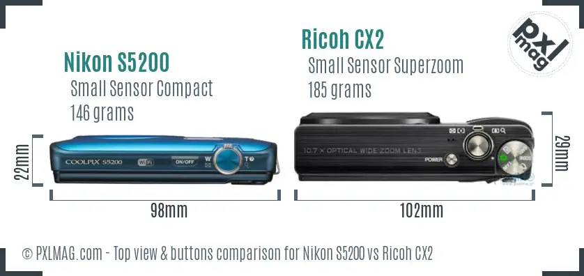 Nikon S5200 vs Ricoh CX2 top view buttons comparison