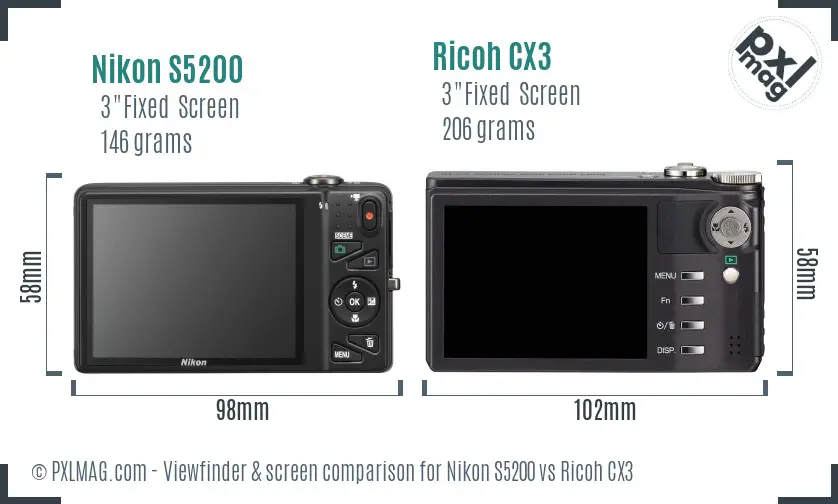 Nikon S5200 vs Ricoh CX3 Screen and Viewfinder comparison