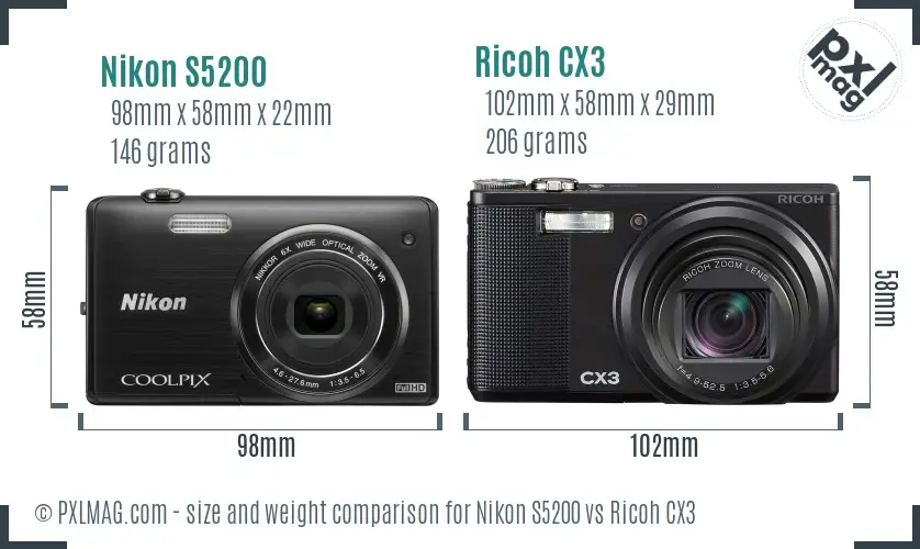 Nikon S5200 vs Ricoh CX3 size comparison