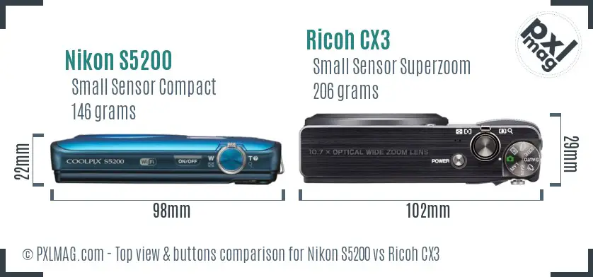 Nikon S5200 vs Ricoh CX3 top view buttons comparison