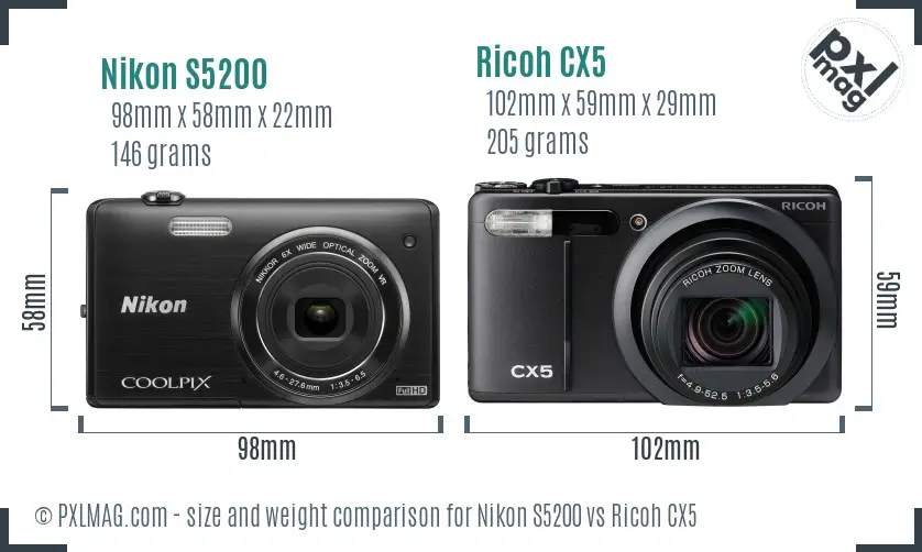 Nikon S5200 vs Ricoh CX5 size comparison Nikon S5200 vs Ricoh CX5 size comparison