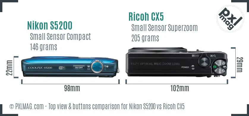 Nikon S5200 vs Ricoh CX5 top view buttons comparison Nikon S5200 vs Ricoh CX5 top view buttons comparison