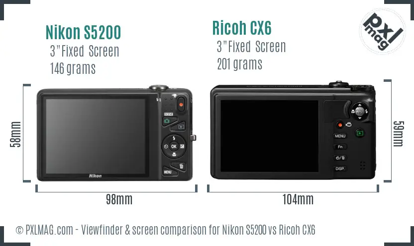 Nikon S5200 vs Ricoh CX6 Screen and Viewfinder comparison