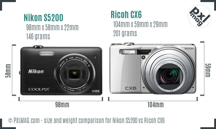 Nikon S5200 vs Ricoh CX6 size comparison