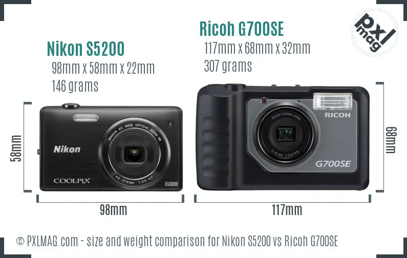 Nikon S5200 vs Ricoh G700SE size comparison