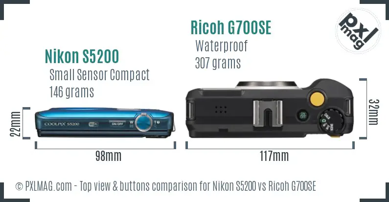 Nikon S5200 vs Ricoh G700SE top view buttons comparison