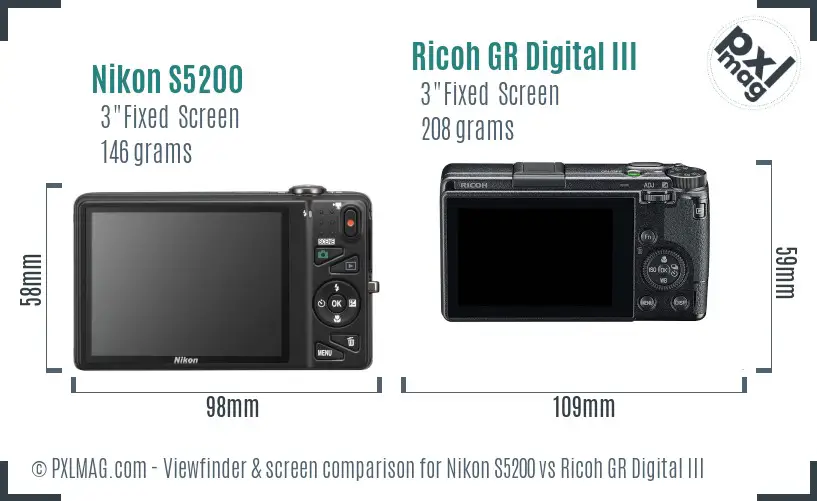 Nikon S5200 vs Ricoh GR Digital III Screen and Viewfinder comparison