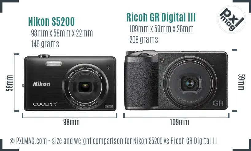 Nikon S5200 vs Ricoh GR Digital III size comparison