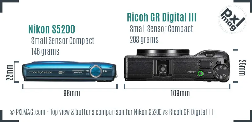 Nikon S5200 vs Ricoh GR Digital III top view buttons comparison