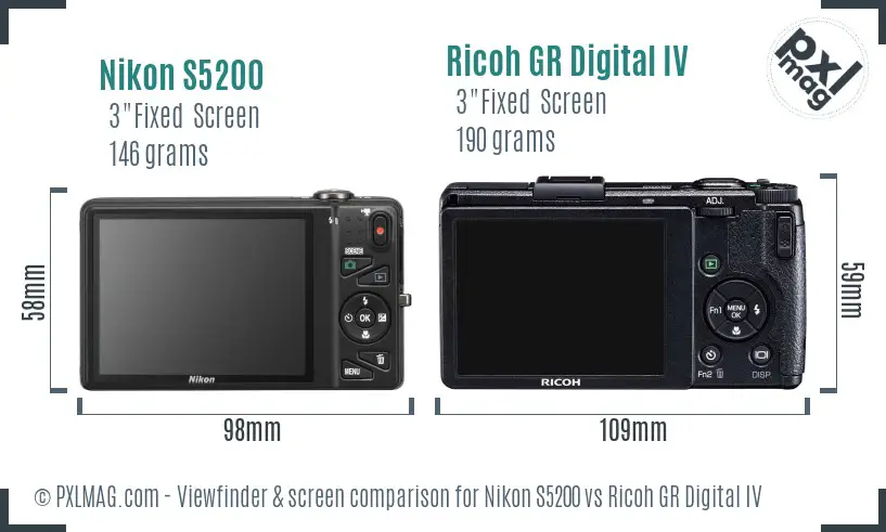 Nikon S5200 vs Ricoh GR Digital IV Screen and Viewfinder comparison