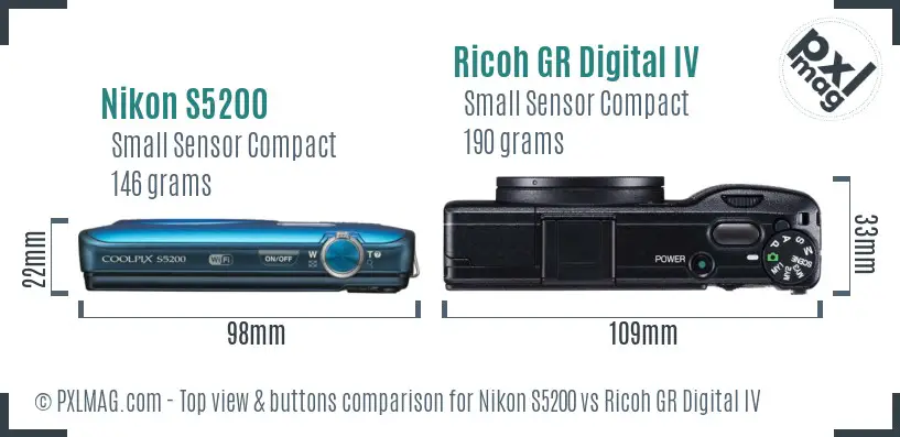 Nikon S5200 vs Ricoh GR Digital IV top view buttons comparison