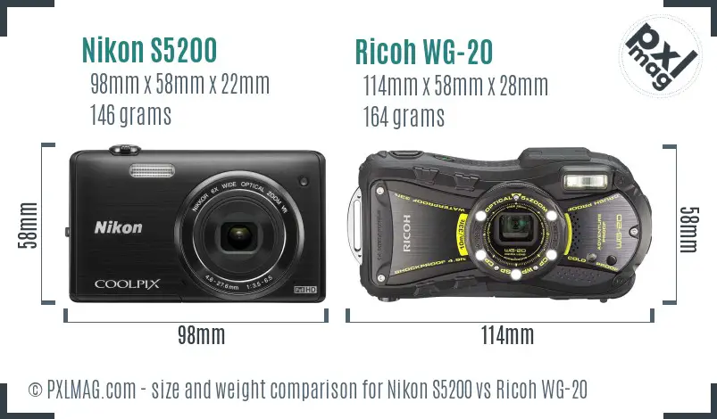 Nikon S5200 vs Ricoh WG-20 size comparison