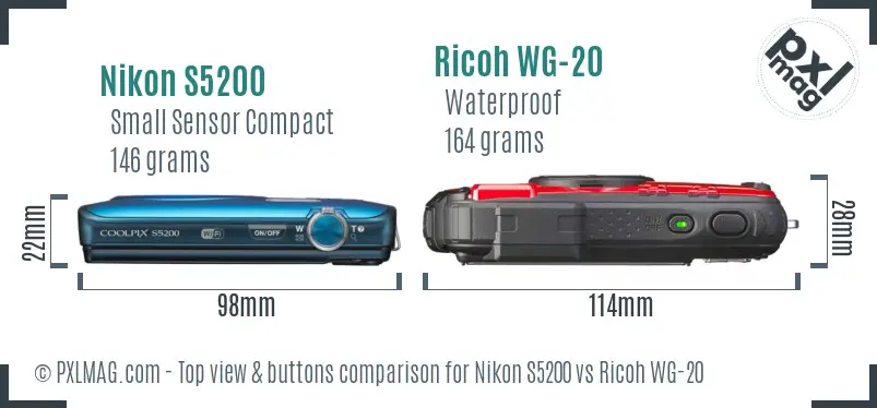 Nikon S5200 vs Ricoh WG-20 top view buttons comparison