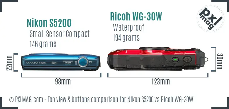 Nikon S5200 vs Ricoh WG-30W top view buttons comparison Nikon S5200 vs Ricoh WG-30W top view buttons comparison