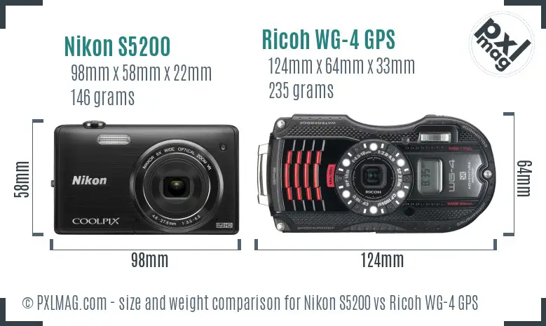 Nikon S5200 vs Ricoh WG-4 GPS size comparison